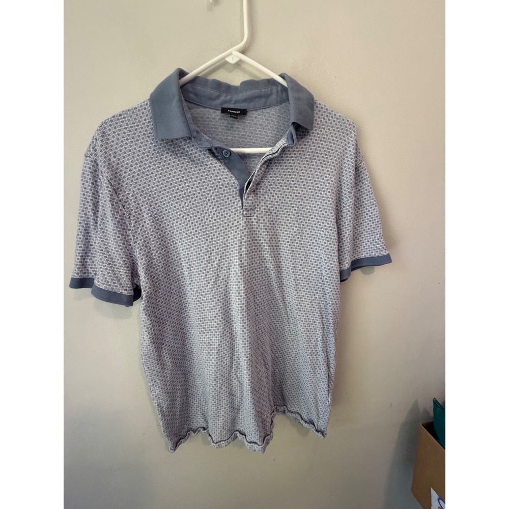 Express Mens Blue White Geometric Micro Grid Polo Shirt Cotton Modal Size M